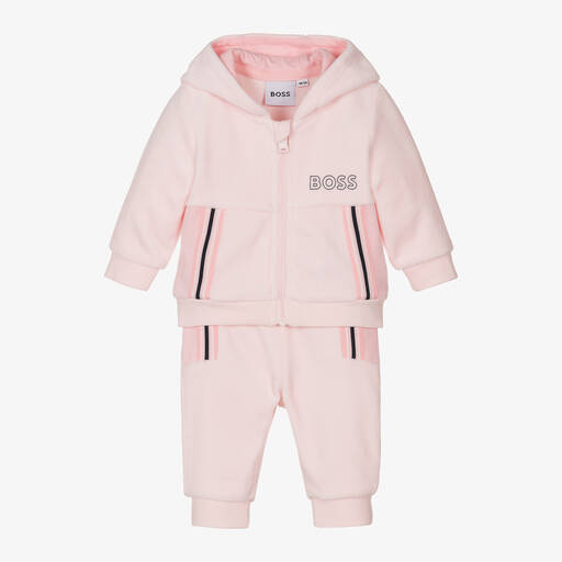 BOSS-Girls Pink Hooded Cotton Velour Tracksuit | Childrensalon