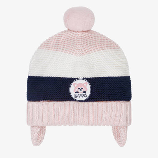 BOSS-Girls Pink Knitted Pom-Pom Hat | Childrensalon