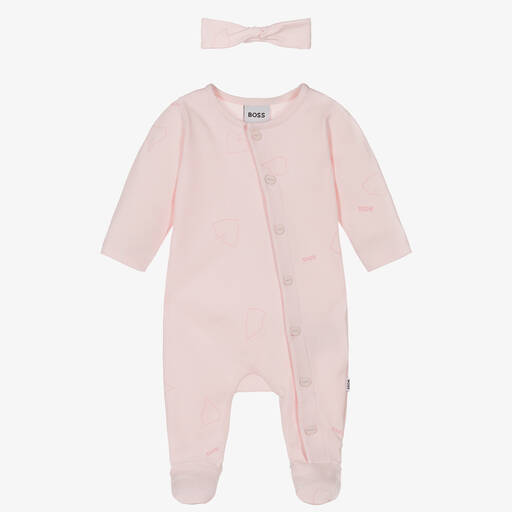 BOSS-Girls Pink Velour Ginkgo Leaf Babysuit Set | Childrensalon