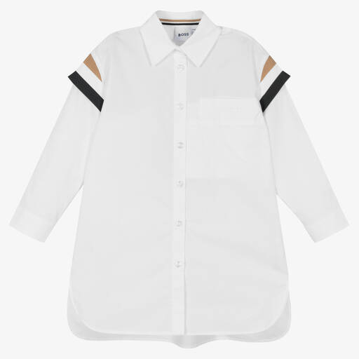 BOSS-Girls White Cotton Shirt Dress | Childrensalon