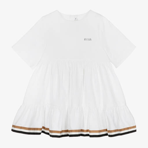 BOSS-Girls White Cotton & Viscose Twill Dress | Childrensalon
