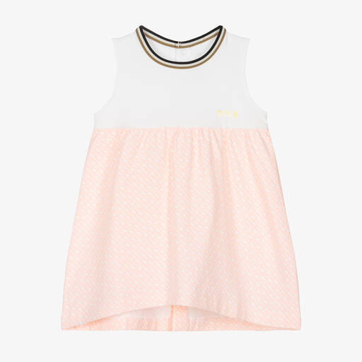 BOSS-Girls White & Pink Cotton Logo Dress | Childrensalon