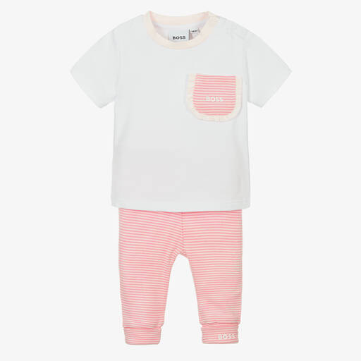 BOSS-Girls White & Pink Cotton Trouser Set | Childrensalon