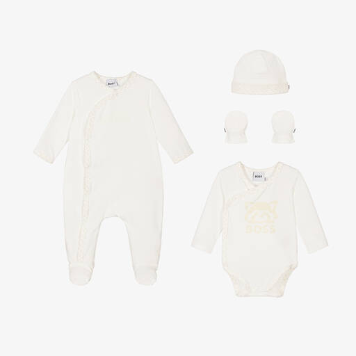 BOSS-Ivory Cotton Monogram Babysuit Set | Childrensalon