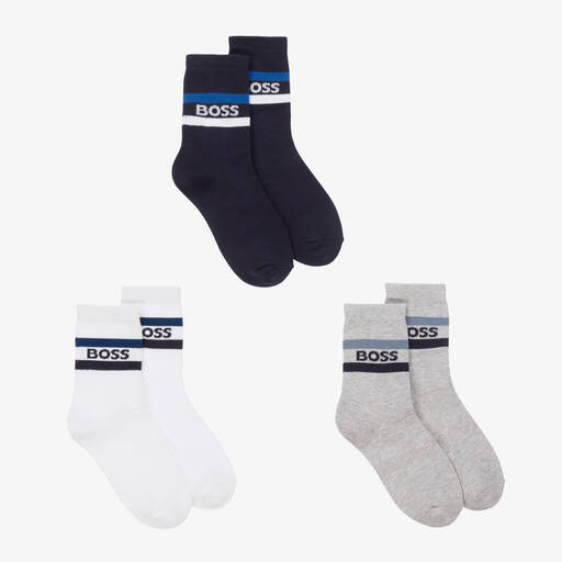 BOSS-Junior Boys Navy Blue & Grey Socks (3 Pack)  | Childrensalon