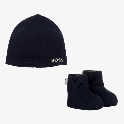 BOSS-Navy Blue Cotton Baby Hat & Bootie Set | Childrensalon