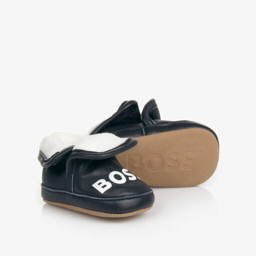 BOSS-Navy Blue Leather Baby Pre-Walker Shoes | Childrensalon