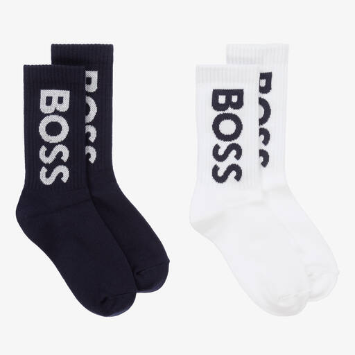BOSS-Navy Blue & White Cotton Socks (2 Pack) | Childrensalon