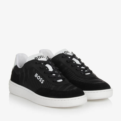 BOSS-Teen Boys Black Canvas & Leather Trainers | Childrensalon