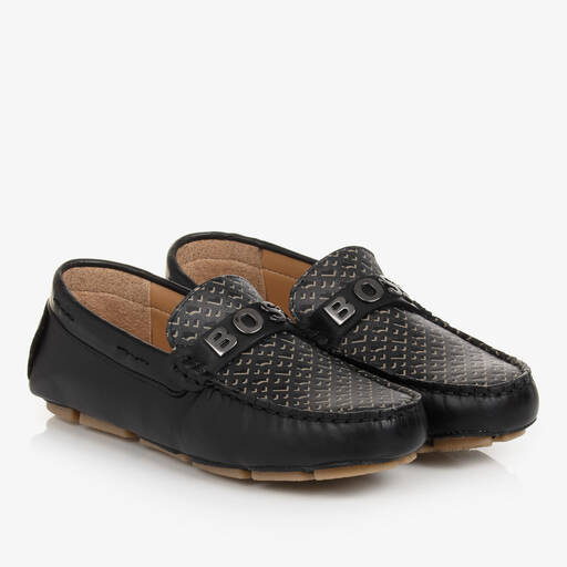 BOSS-حذاء موكاسين جلد لون أسود للمراهقين | Childrensalon
