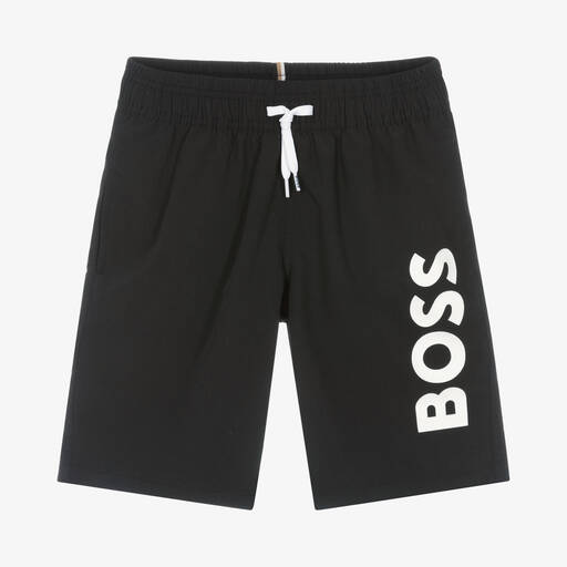 BOSS-Teen Boys Black Logo Swim Shorts | Childrensalon