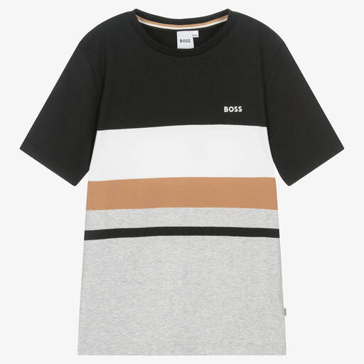 BOSS-Teen Boys Black Stripe Cotton Logo T-Shirt | Childrensalon