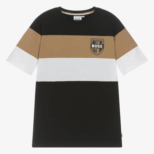 BOSS-Teen Boys Black Stripe Cotton T-Shirt | Childrensalon