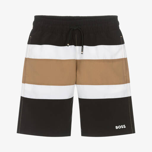 BOSS-Teen Boys Black Striped Swim Shorts | Childrensalon