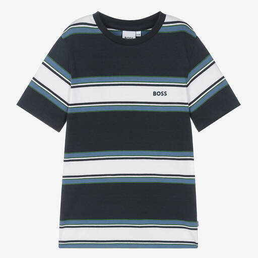 BOSS-Teen Boys Blue Cotton Striped T-Shirt | Childrensalon