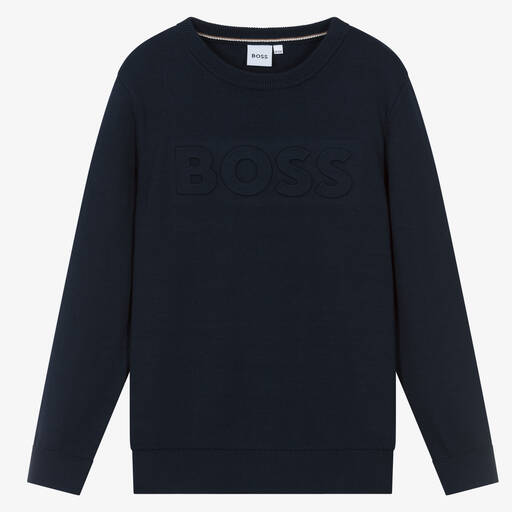 BOSS-Teen Boys Blue Knitted Cotton Sweater | Childrensalon