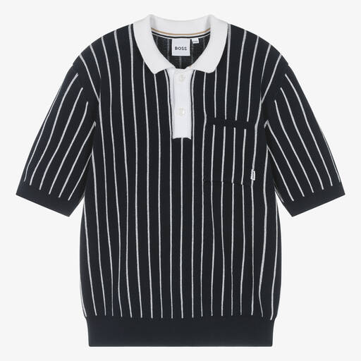 BOSS-Teen Boys Blue Striped Cotton Knit Polo Shirt | Childrensalon