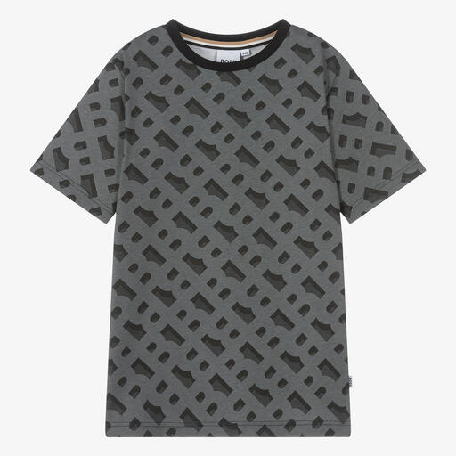 BOSS-Teen Boys Grey Cotton Monogram T-Shirt | Childrensalon