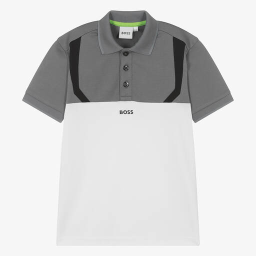 BOSS-Teen Boys Grey & White Polo Shirt | Childrensalon