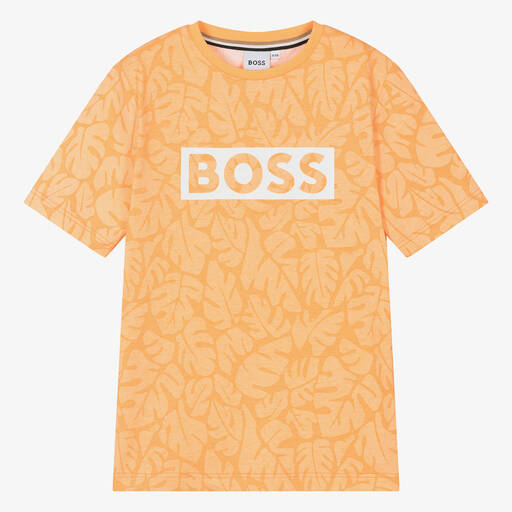 BOSS-Teen Boys Orange Cotton Leaf T-Shirt | Childrensalon