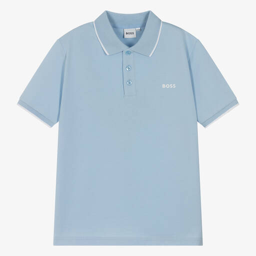 BOSS-Teen Boys Pale Blue Cotton Polo Shirt | Childrensalon