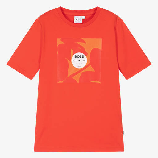 BOSS-Teen Boys Red Cotton Leaf Print T-Shirt | Childrensalon