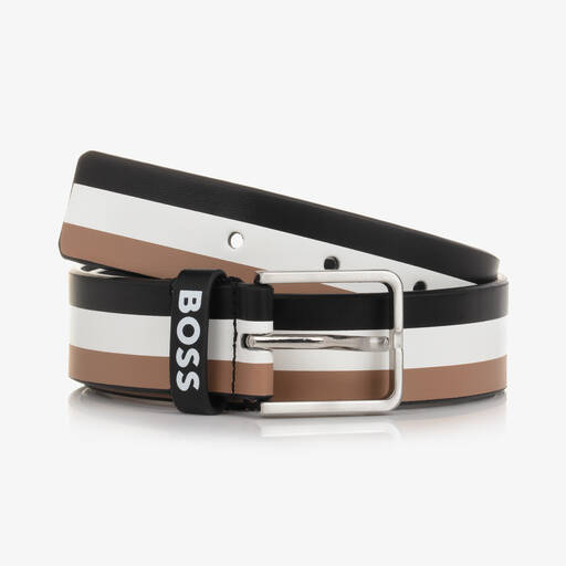 BOSS-حزام جلد صناعي مقلّم لون أبيض وأسود تينز ولادي | Childrensalon