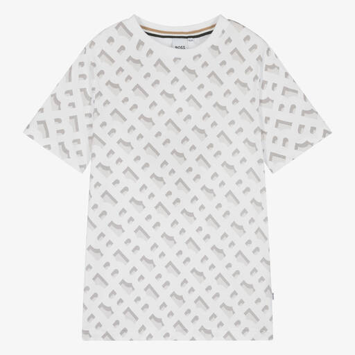 BOSS-Teen Boys White Cotton Monogram T-Shirt | Childrensalon