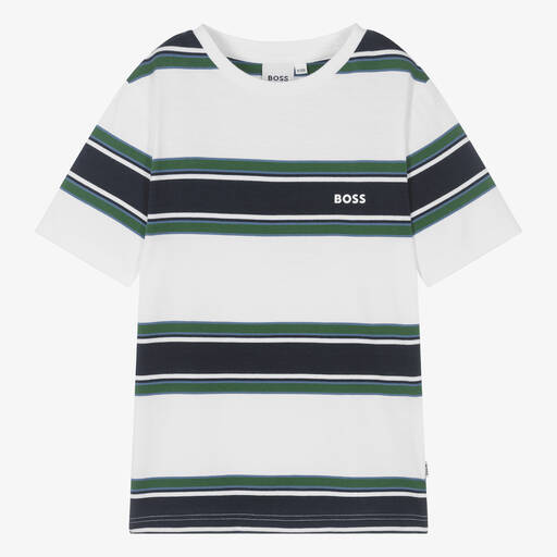 BOSS-Teen Boys White Cotton Striped T-Shirt | Childrensalon