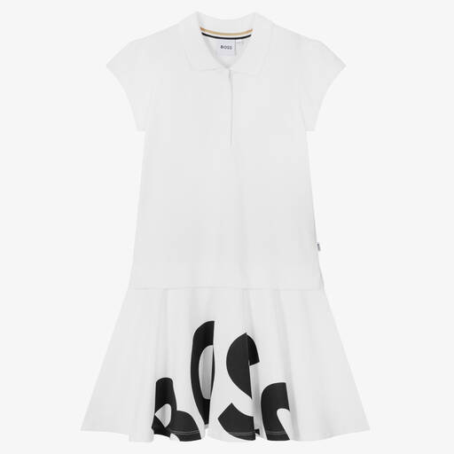 BOSS-Teen Girls White Cotton Piqué Polo Dress | Childrensalon