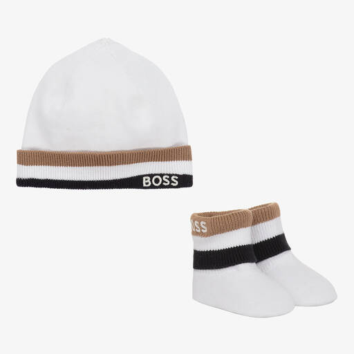 BOSS-White Cotton Knit Baby Hat & Bootie Set | Childrensalon