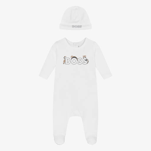 BOSS-White Cotton Raccoon Babysuit Set | Childrensalon