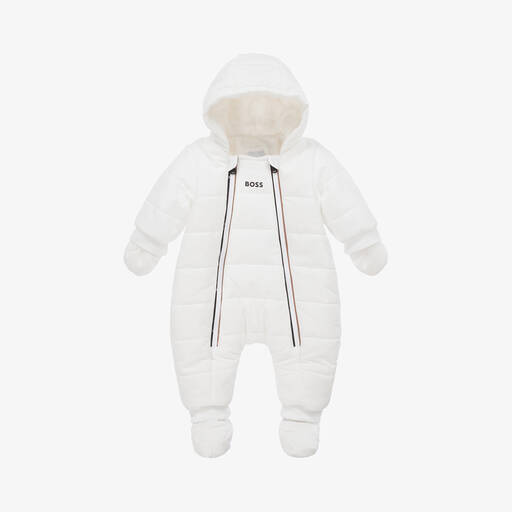 BOSS-White Hooded Baby Snowsuit | Childrensalon