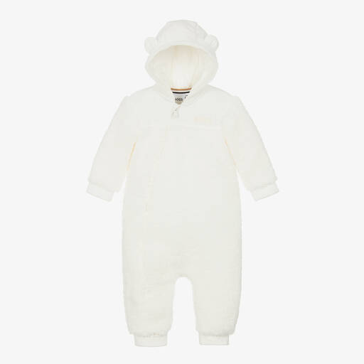 BOSS-White Teddy Fleece Hooded Pramsuit | Childrensalon