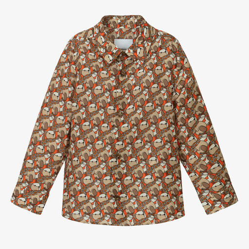 Burberry-قميص قطن وحرير لون بيج للمواليد | Childrensalon