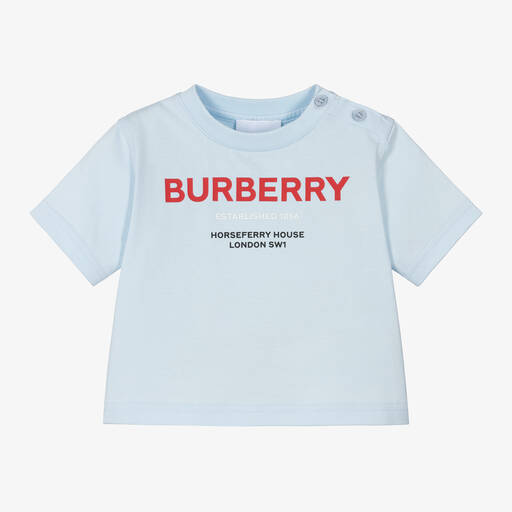 Burberry-Baby Boys Blue Cotton Logo T-Shirt | Childrensalon