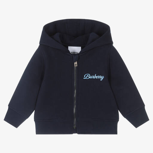 Burberry-Sweat à capuche zippé bleu bébé | Childrensalon
