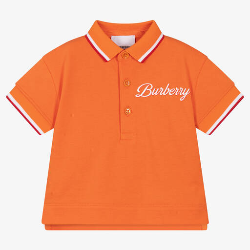 Burberry-توب بولو قطن بيكيه لون برتقالي للأولاد | Childrensalon