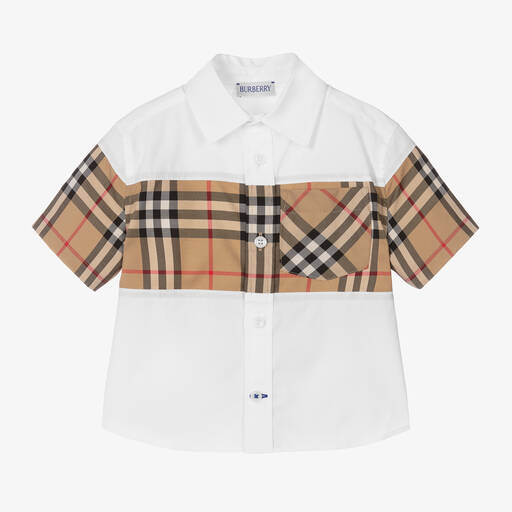 Burberry-Бело-бежевая рубашка из хлопка для малышей | Childrensalon