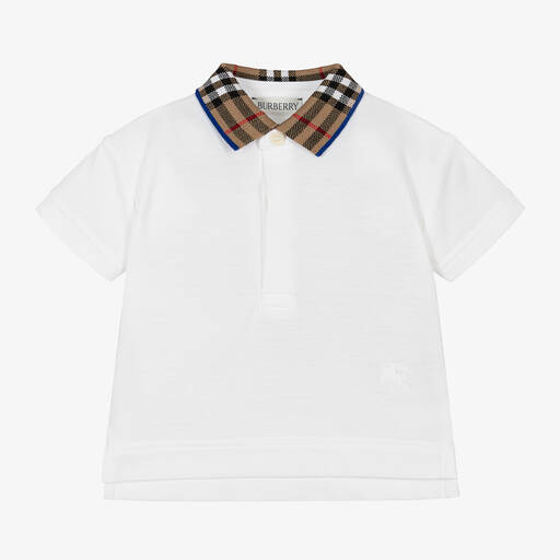 Burberry-قميص بولو كاروهات أطفال ولادي قطن لون أبيض  | Childrensalon