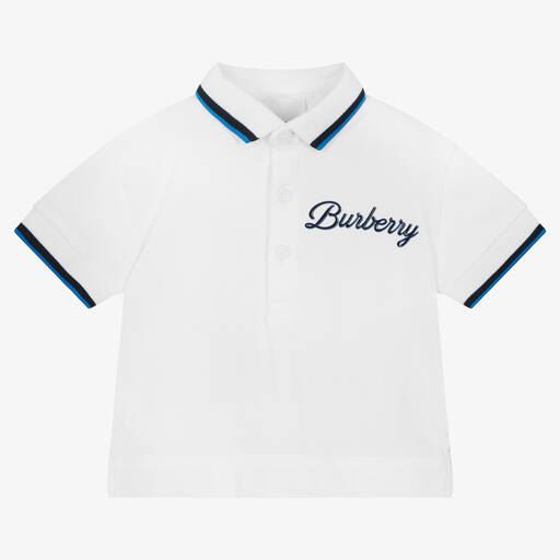 Burberry-توب بولو قطن بيكيه لون أبيض للمواليد | Childrensalon