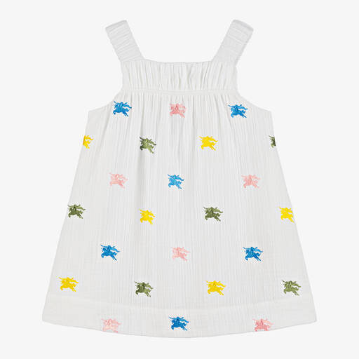 Burberry-Baby Girls Ivory Cotton EKD Logo Dress | Childrensalon