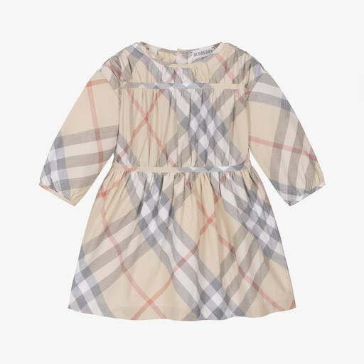 Burberry-Baby Girls Pale Beige Organic Cotton Check Dress | Childrensalon