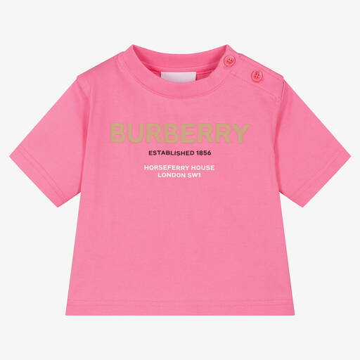 Burberry-Baby Girls Pink Horseferry Cotton T-Shirt | Childrensalon