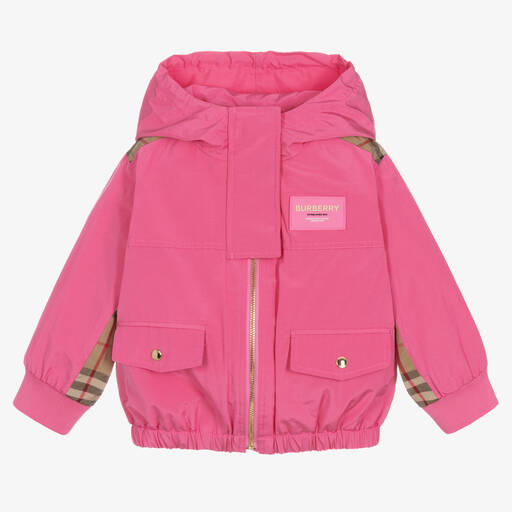 Burberry-Baby Girls Pink Vintage Check Hooded Jacket | Childrensalon