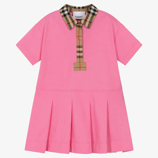 Burberry-Розовое платье поло с акцентами в ретроклетку | Childrensalon