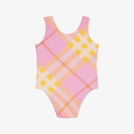 Burberry-Baby Girls Pink & Yellow Check Swimsuit | Childrensalon