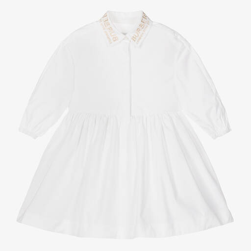 Burberry-فستان قميص قطن بوبلين لون أبيض للمولودات | Childrensalon