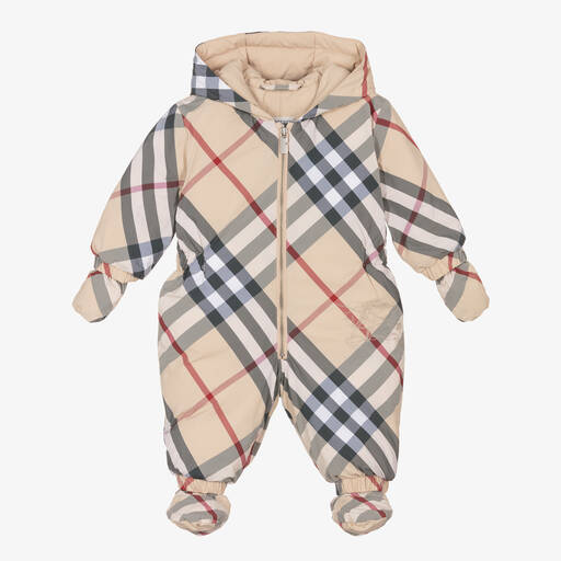 Burberry-Beige Check Down Padded Baby Snowsuit | Childrensalon