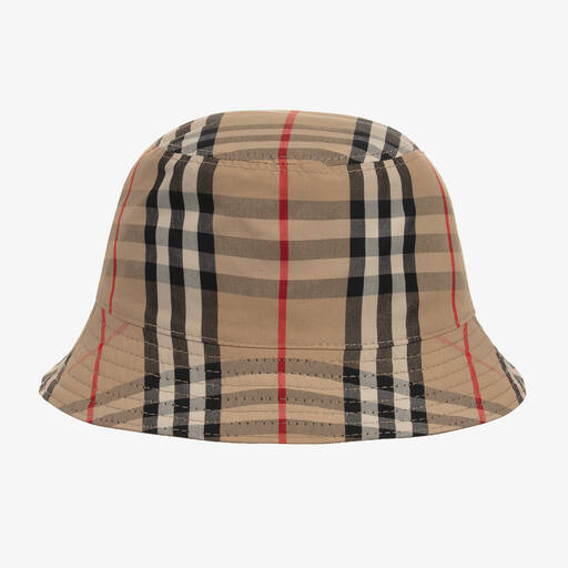Burberry-قبعة بوجهين قطن كاروهات لون بيج للأطفال | Childrensalon